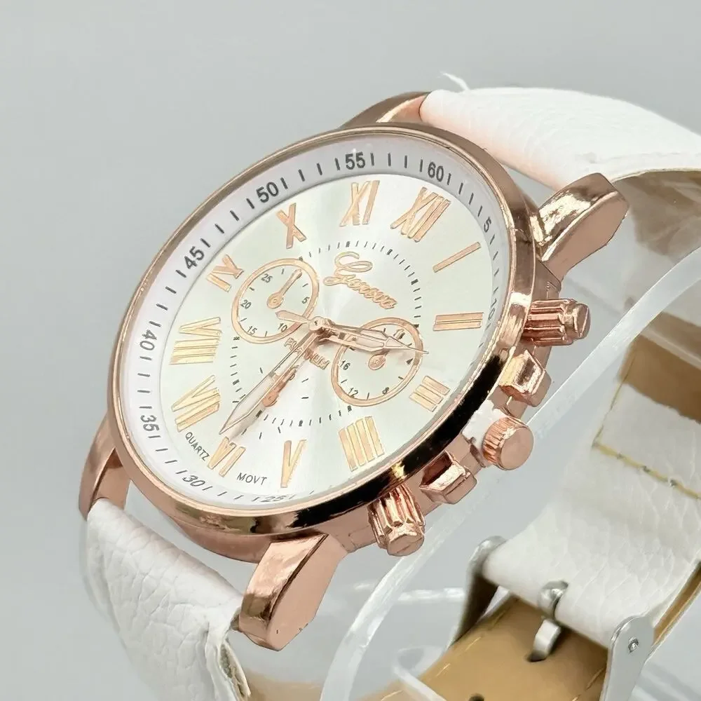Geneva Womens Rose Gold Tone Watch White Strap Quartz Roman Numerals Earring Set